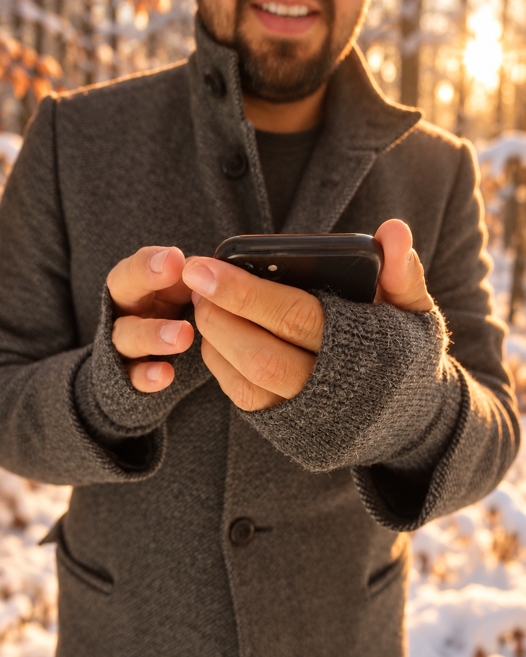 Mann trägt Stulpen aus Alpakawolle mit Smartphone in der Hand