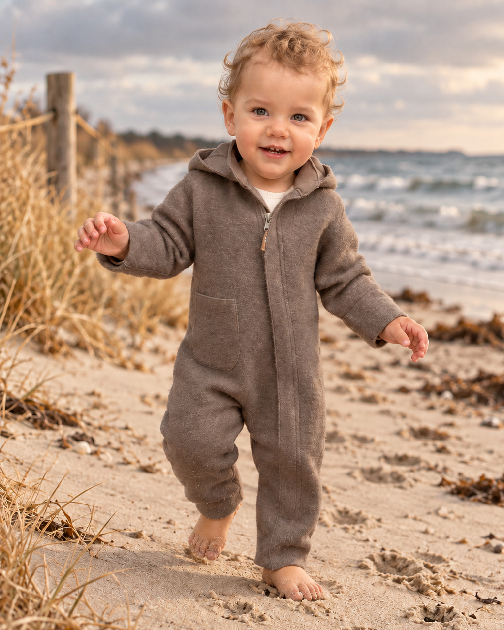 Kind am Strand im Walkanzug aus 100 % Baby-Alpaka von Mani