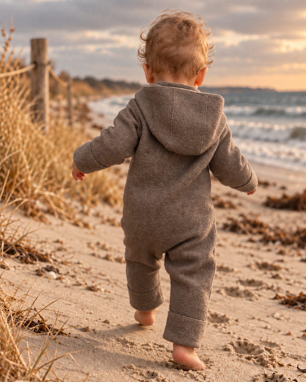 Kind am Strand im Walkanzug aus 100% Baby-Alpaka von Mani